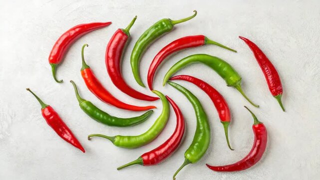 Red and Green Chili Peppers Spiral Arrangement Close-up Stock Footage