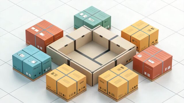 Stacked Cardboard Boxes Arranged Around Open Container on White Surface Stock Media