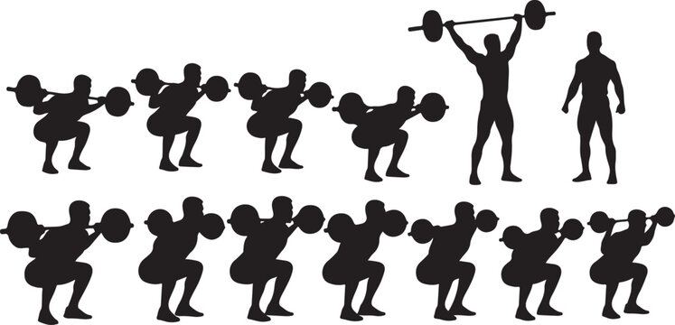 Silhouette of a man lifting weights in various positions