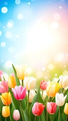 A vibrant digital illustration of tulips blossoming with a soft, blurred background of bokeh lights in spring colors