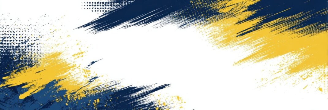 Abstract brush strokes in navy blue and yellow on white background, with vector design in halftone style and football theme for sports design, background texture, creative visua