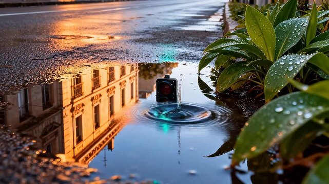 Wet street puddle reflection of traffic lights and building