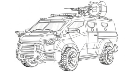 Armored Military Vehicle Sketch with Mounted Weaponry. © Kimpling