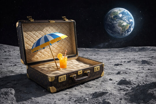 Lunar suitcase vintage luxury open sand beach cocktail umbrella Earth form dreamy scene on moon, playful travel fantasy where fine leather meets cosmic silence under starry space