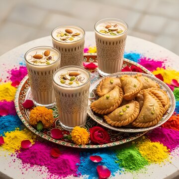 Festive Indian Sweet Gujiya with Colourful Holi Powder