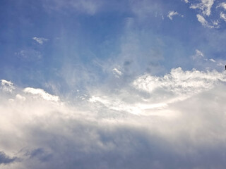 Obraz premium Blue Sky with White Clouds Background, Natural Cloudscape and Sunlight, Clear Weather Atmosphere Nature Landscape Concept