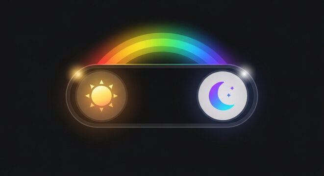 Dark mode and light mode toggle switch with rainbow arc and sun and moon icons on black background for user interface design