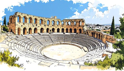A vibrant digital illustration portrays an ancient outdoor amphitheater, constructed from weathered stone, under a bright blue sky