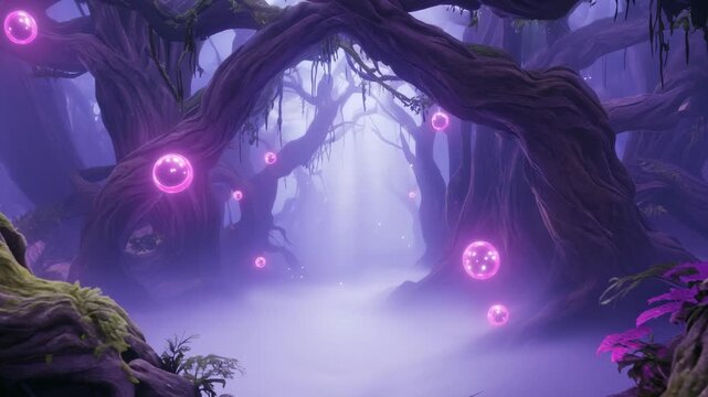 Magical fantasy forest with twisted trees and floating pink glowing orbs animation
