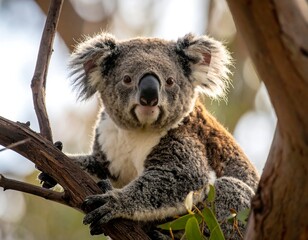 Close-up of a furry marsupial perched in a tree, gazing directly at the viewer