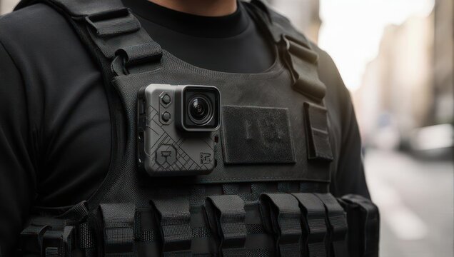 Close-up of a body camera on a security guards tactical vest.