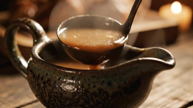 Pouring Rich Brown Gravy from a Ladle into a Ceramic Gravy Boat on a Rustic Wooden Table.