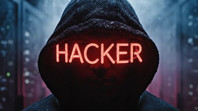 A mysterious hacker in a dark hoodie with a neon sign at night in the city