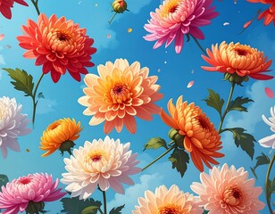 A vibrant digital illustration showcases a collection of various-colored chrysanthemums against a soft blue sky