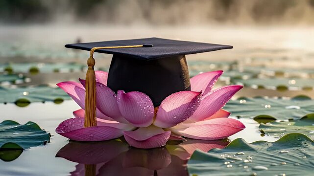 Graduation cap resting on a blooming lotus flower in water