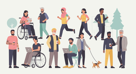 Diverse group of people of different ages, ethnicities, and abilities enjoying outdoor activities.