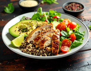 Close-up of a healthy and colorful chicken salad bowl