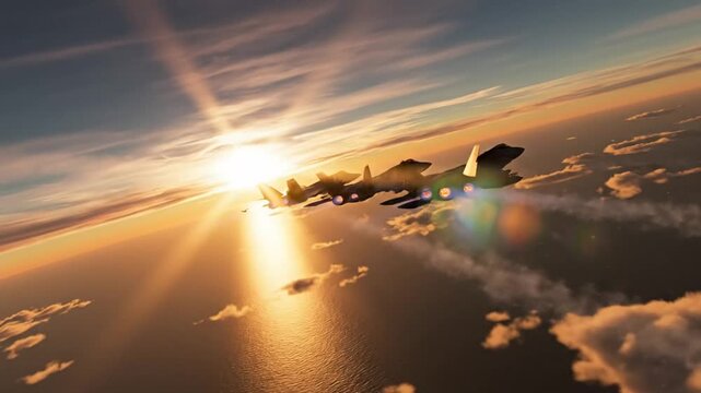 Squadron of fighter jets flying in formation high in the sky during a brilliant golden sunset.