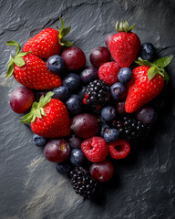 Obraz premium Fresh mixed berries on dark slate background top view 
