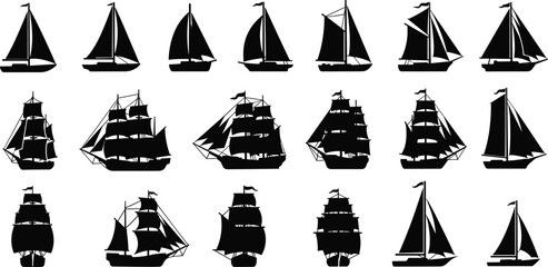 Sailing Ship Silhouette Vector Collection, Vintage Nautical Vessel Set, Black Yacht and Galleon Icons, Maritime Transport Symbols, Isolated Boat Graphics © Md