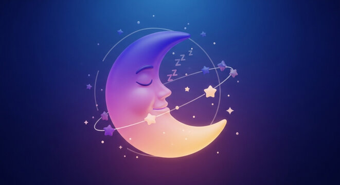 Sleepy crescent moon face with closed eyes surrounded by stars and constellations in a dark blue space background with a warm glow