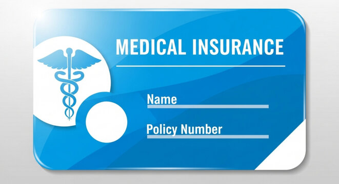 Medical insurance card with caduceus symbol on blue background for healthcare