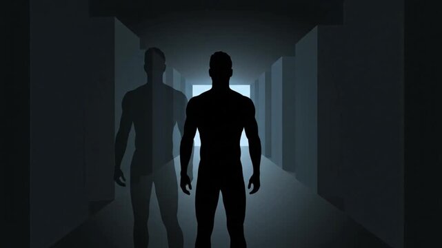 Two silhouetted figures standing in a dimly lit corridor with a bright light at the end, viewed from behind, capturing a mysterious atmosphere