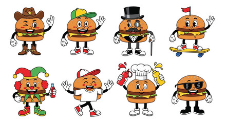 A collection of cartoon burgers in various costumes and actions displayed together in a grid layout on a plain background from a straightforward viewpoint