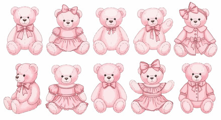 Obraz premium Collection of pink teddy bears in various dresses and bows arranged in a grid pattern