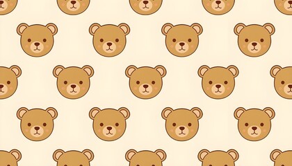 Obraz premium Seamless teddy bear face pattern, cute cartoon style, pastel beige background.