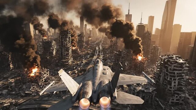 Fighter jet flying over a devastated city landscape with widespread destruction, smoke, and fires under a dramatic sky.