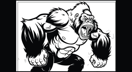 Aggressive silverback gorilla illustration in black and white line art, angry ape mascot sketch, wildlife primate vector, isolated jungle animal. © Md