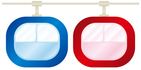 ロープウェイ乗り場やスキー場、遊園地などで見かける乗り物のゴンドラをイメージして青と赤の色でグラデーション効果も付けてデザインしたイラストのグラフィック素材