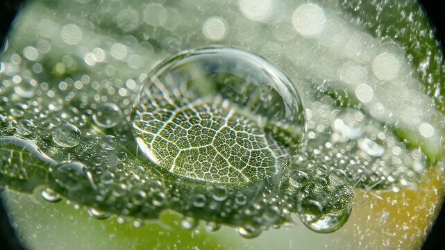 Macro water droplet on a green leaf revealing intricate patterns