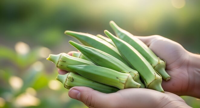 Fresh Green okra pods in hands in natural outdoor setting