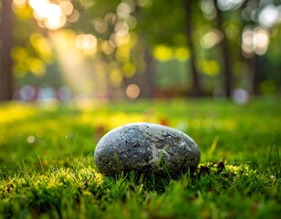 Close-up of a lone stone on lush green grass with sunlight in the background