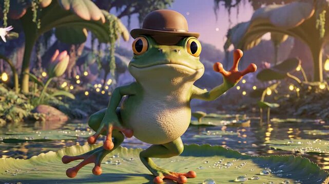 Whimsical frog in bowler hat on lily pad in magical forest