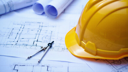 Architectural Blueprints with Hardhat and Drafting Tools for Construction Planning