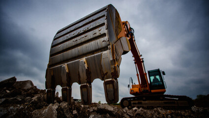 Massive Excavator Bucket on Rocky Construction Site Under Overcast Sky ©  Blar Studio
