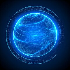 A glowing, blue digital Earth globe encircled by a swirling aura