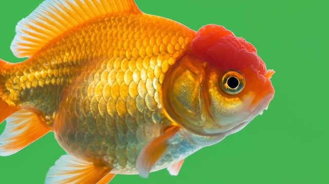 Golden Oranda Goldfish with Red Head Cap and White Tail Fins Swimming on Vibrant Green Background, Detailed Scales and Eyes Visible 4K Video