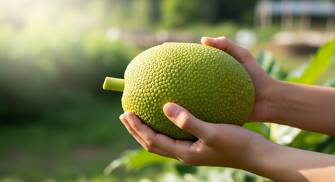 Young Hands Holding Large Green Fruit in Garden
