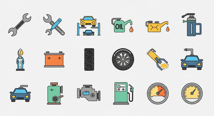Collection of automotive service and repair icons.