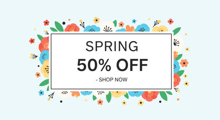Colorful spring sale promotion banner with 50 percent off offer surrounded by a vibrant floral frame on light blue background for shop.