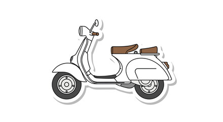 Classic white vintage scooter sticker design with brown seats and grey wheels isolated on a plain white background for travel theme.
