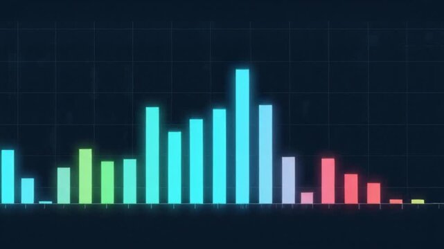 A colorful bar graph with variously sized bars in shades of blue, green, purple, and red, set against a dark background with a grid pattern.