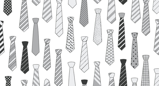 Formal seamless pattern featuring a variety of neckties with different patterns like stripes, polka dots, and checks in grey tones.