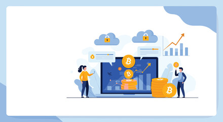 Cryptocurrency and bitcoin investment concept showing people monitoring charts and growth of digital assets on a laptop screen.