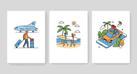 Set of three travel themed illustrations showing a person at the airport and surfers on a beach and a car trip on a smartphone.