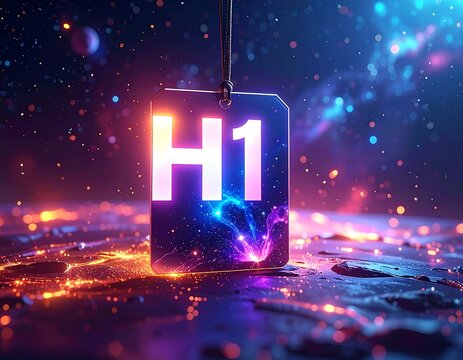 Glowing "H1" tag suspended above a vibrant, cosmic landscape